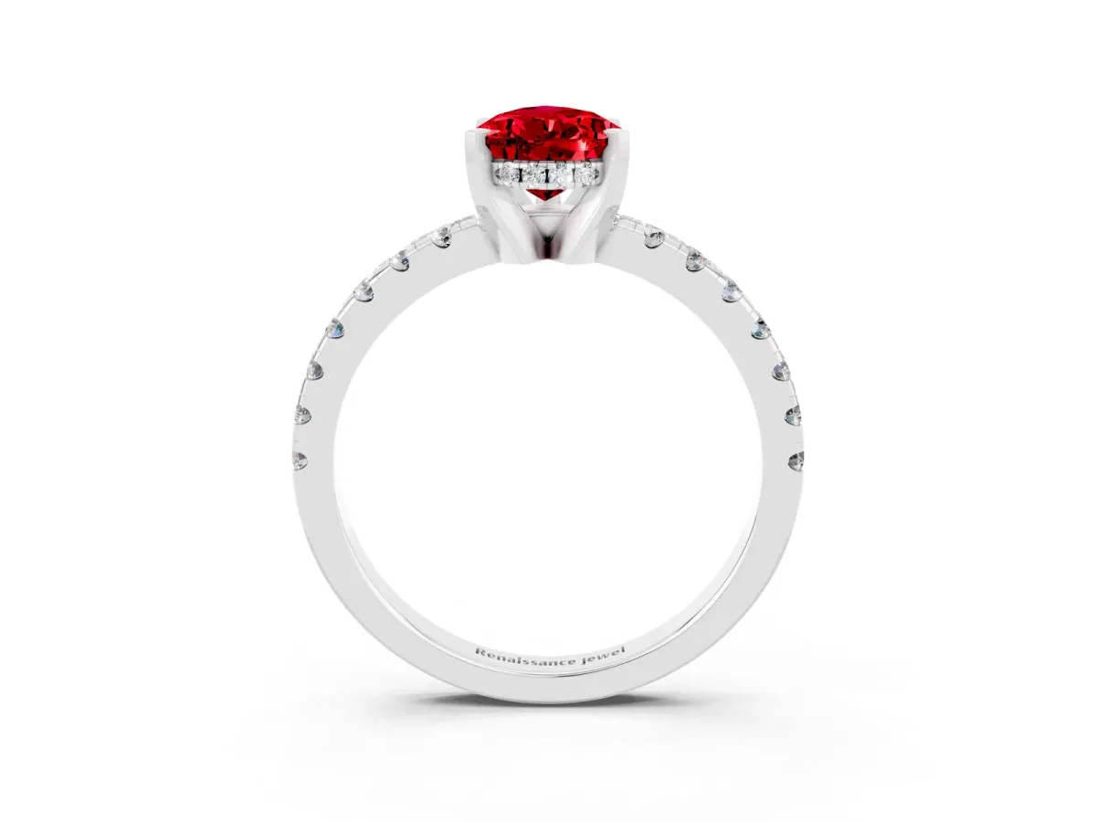 Pear Cut Ruby Solitaire Ring with Round Pavé Band and Four-Prong Setting White gold