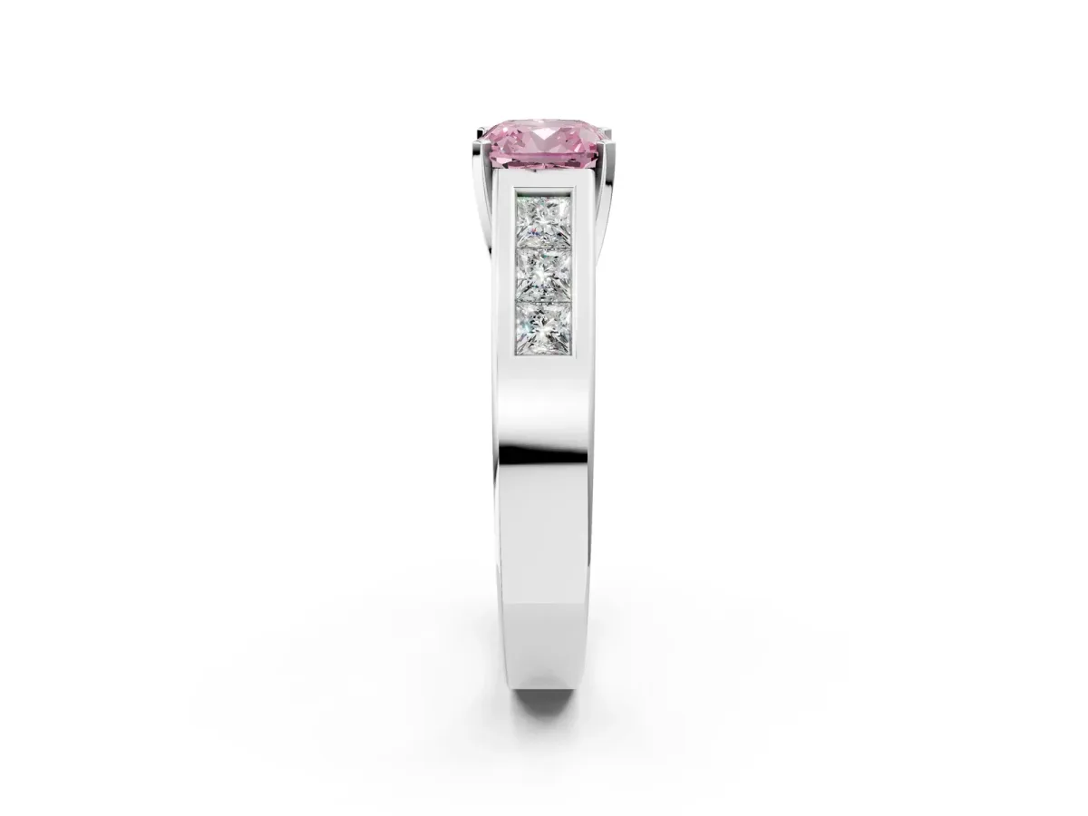 Fancy Pink Cushion Cut Cut Channel Set Solitaire Ring with Four-Prong Setting Silver