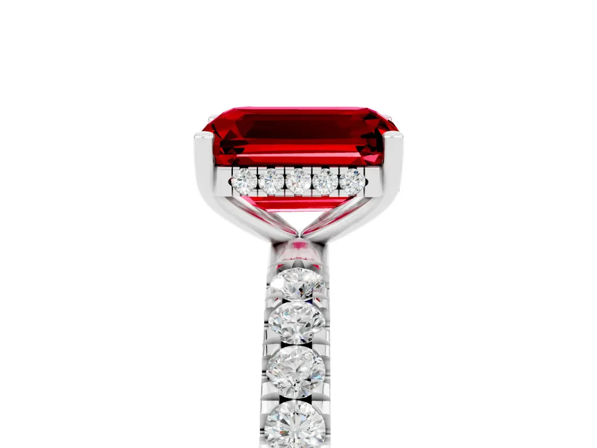 Emerald Cut Ruby Pave Band Solitaire Ring with Round and Prong Setting Platinum