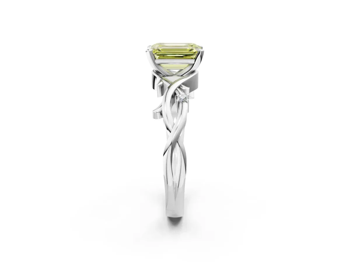 Fancy Yellow Emerald Cut Diamond Solitaire Ring with Twisted Band and Prong Setting Silver