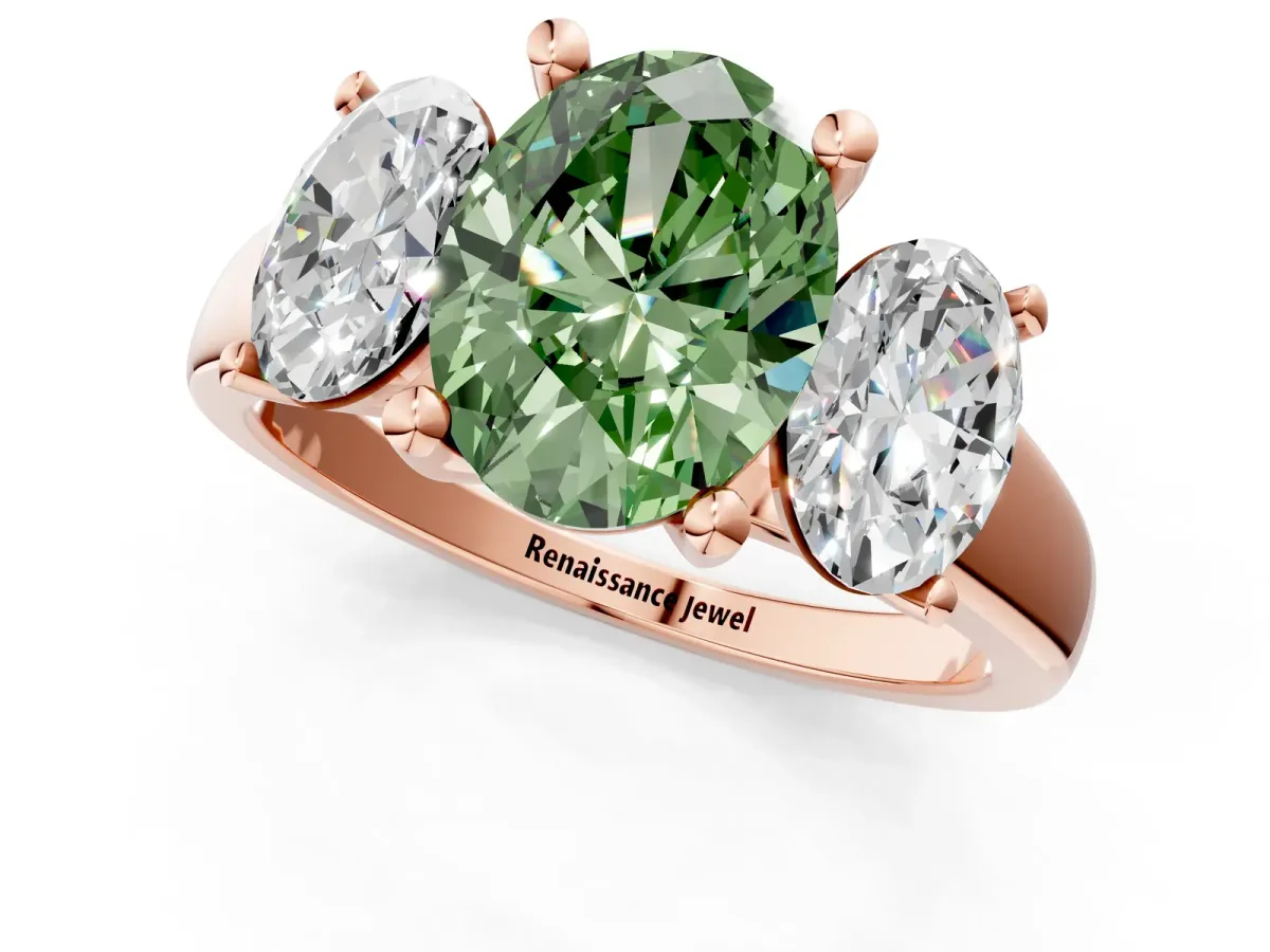 Fancy Green Three-Stone Oval Cut Cut Solitaire Ring with Classic Prong Setting Rose gold