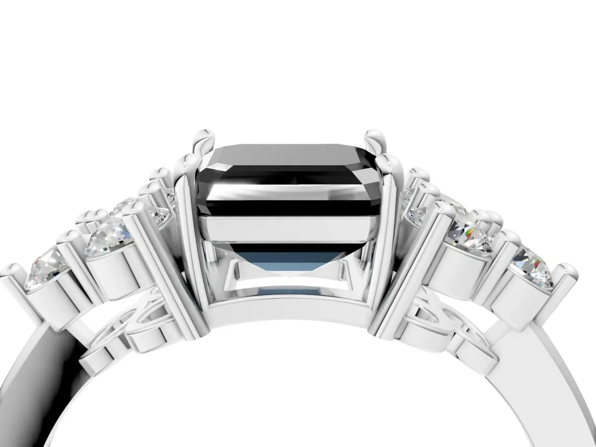Fancy Black Asscher Cut Brilliant Diamond Cluster Accent Solitaire Ring with Prong Setting Platinum