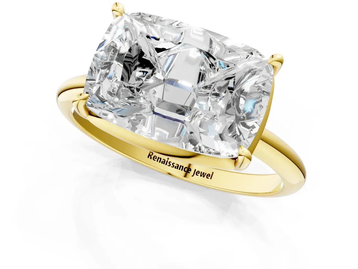 Old Mine Elongated Cushion Diamond East-West Bezel Set Four Claw Solitaire Ring Yellow gold
