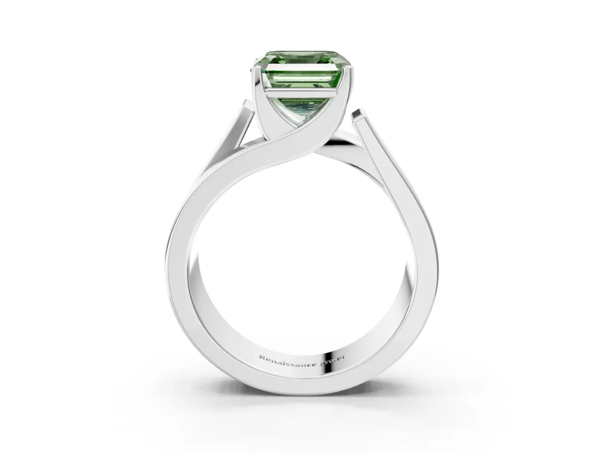 Fancy Green Modern Tension Set Asscher Cut Diamond Solitaire Wide Band Ring Platinum