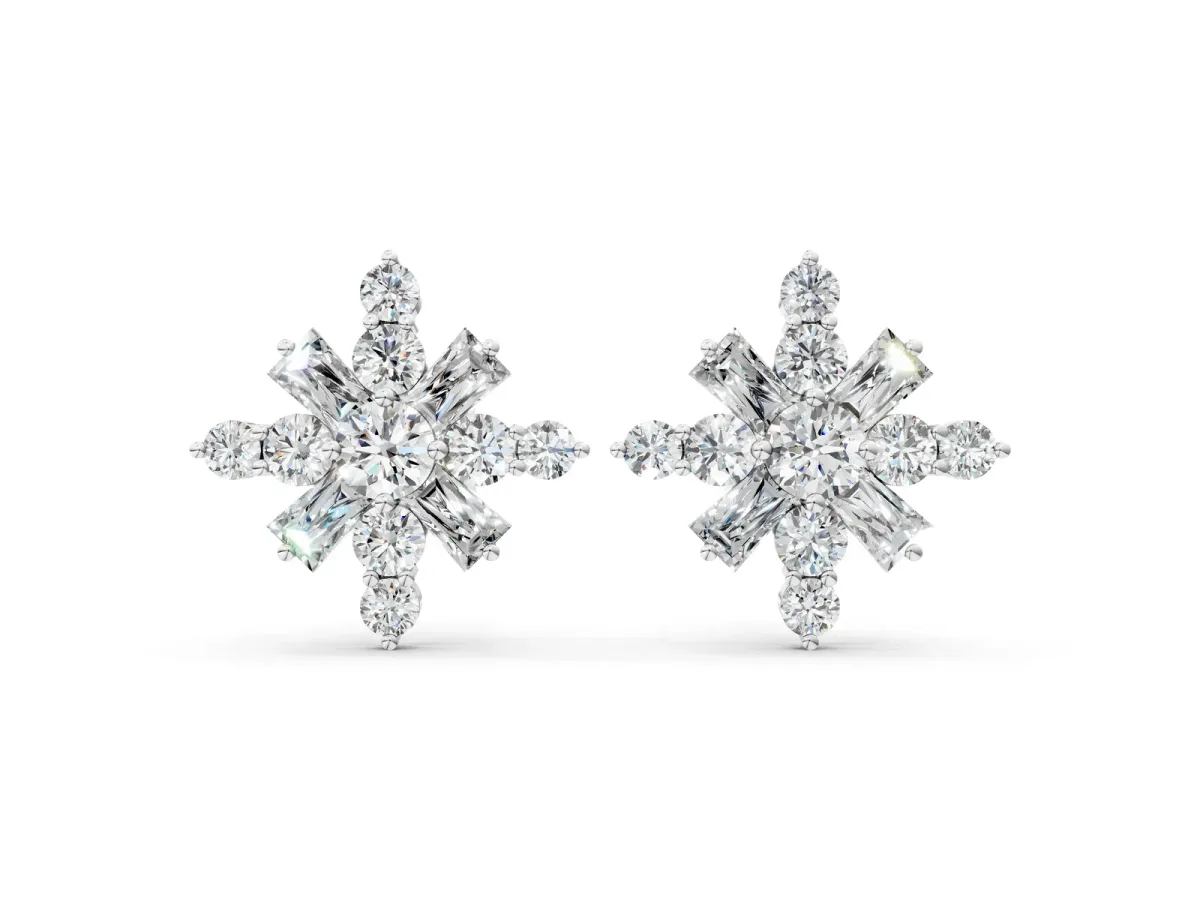 Round Cut Diamond Snowflake Cluster Stud Earrings Platinum