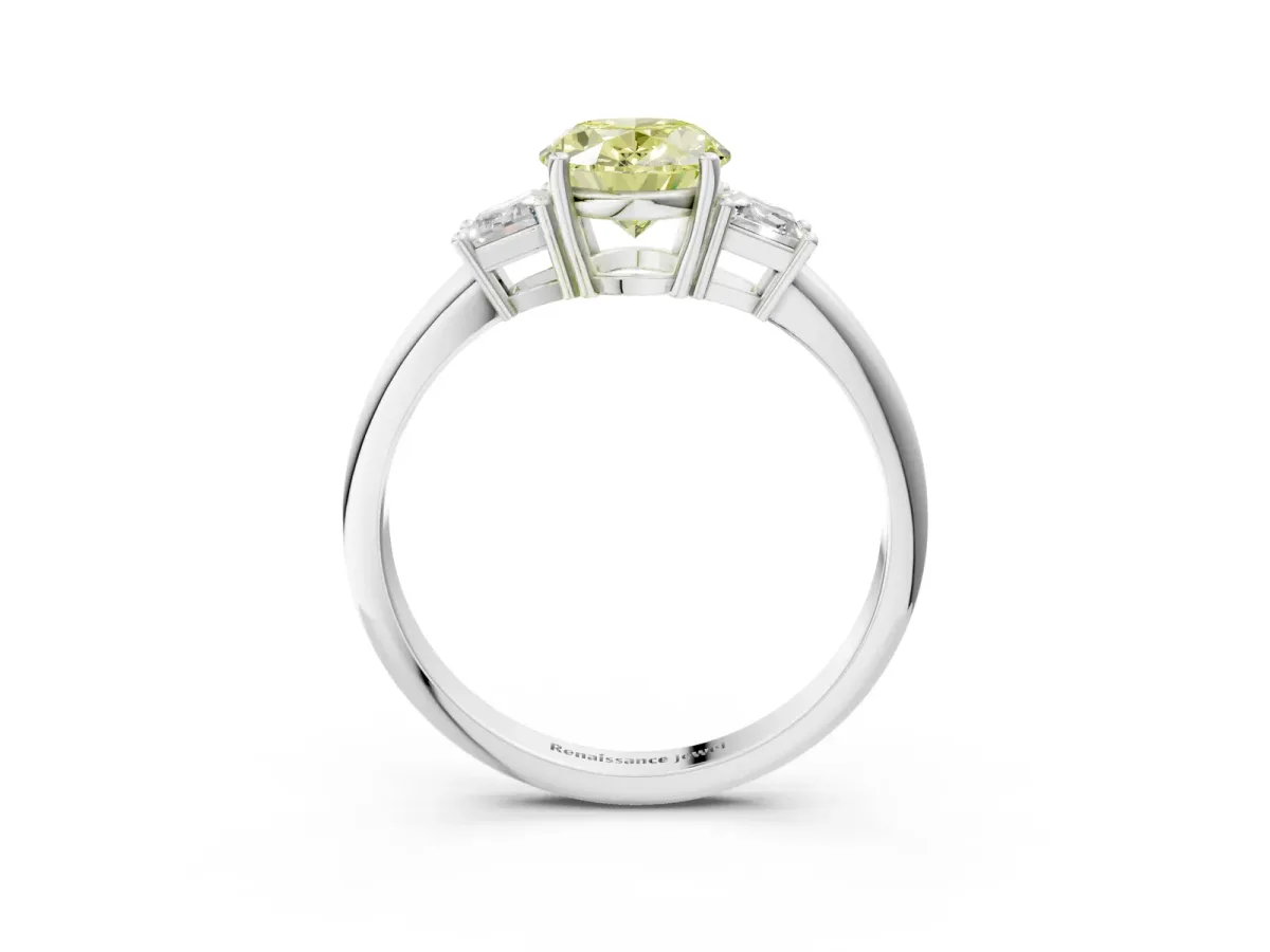 Fancy Yellow Oval Cut Diamond Three-Stone Ring with Trapezoid Side Stones and Prong Setting Silver