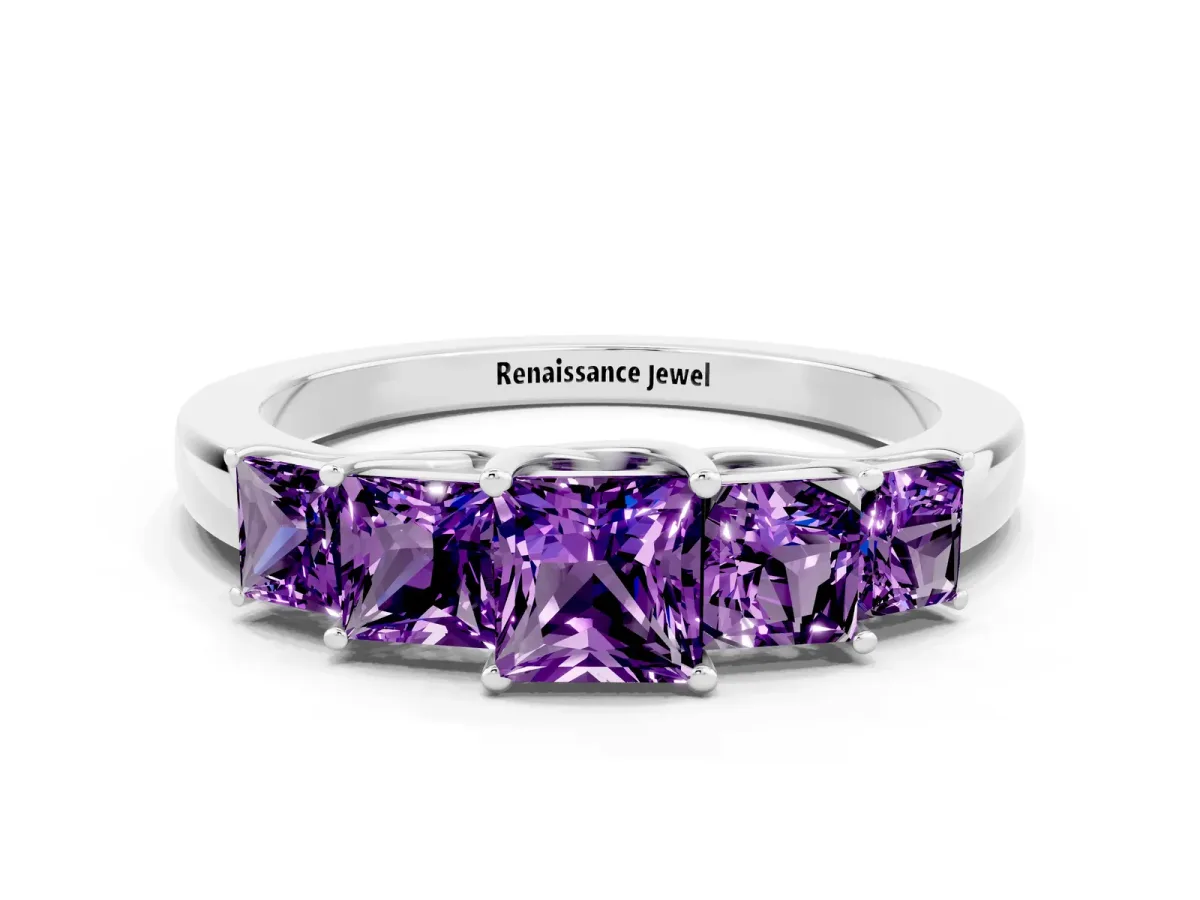 Princess Cut Five-Stone Amethyst Ring with Classic Prong Setting Silver