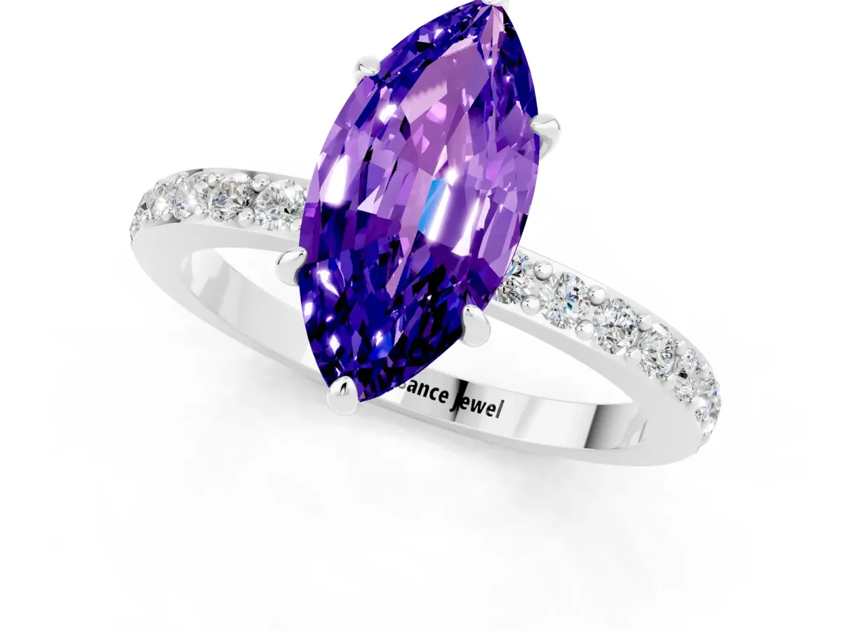 Marquise Cut Tanzanite Solitaire Engagement Ring with Pavé Band and Four-Prong Setting Platinum