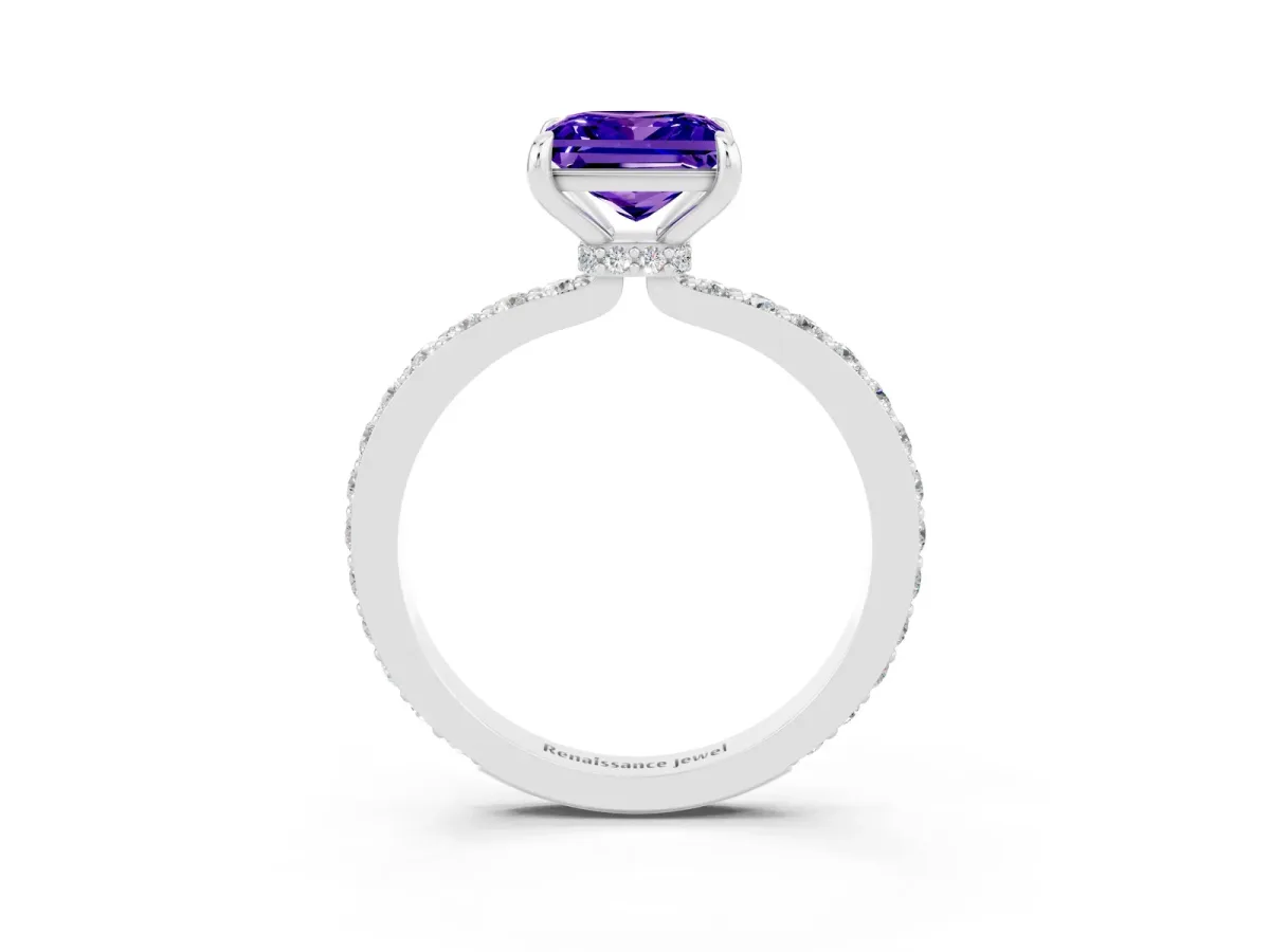 Princess Cut Tanzanite Solitaire Engagement Ring with Pavé Band and Four-Prong Setting White gold