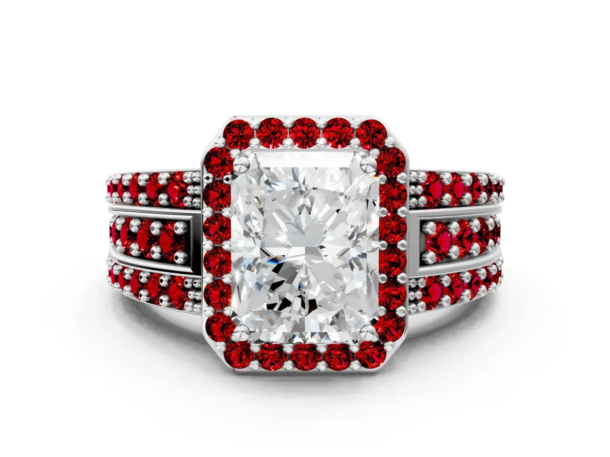 Radiant Cut Halo Diamond Ring with Round Ruby Split Shank and Prong Setting White gold