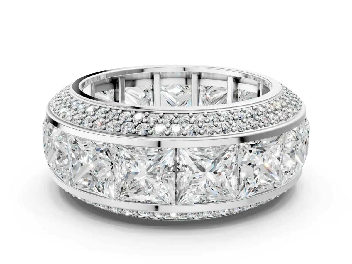 Princess Diamond Pavé Mens Wedding Band with Round Diamond Accents Platinum