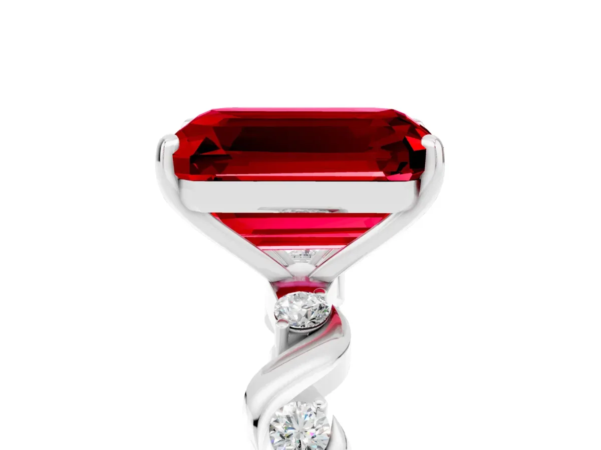 Emerald Cut Ruby Solitaire Twisted Band with Round Accents and Prong Setting Platinum