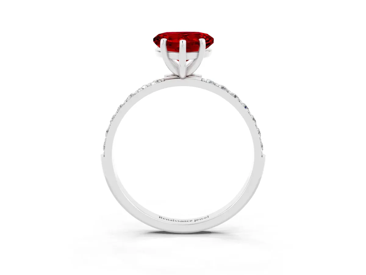 Heart Cut Ruby Solitaire Ring with Round Pavé Band and Prong Setting Silver