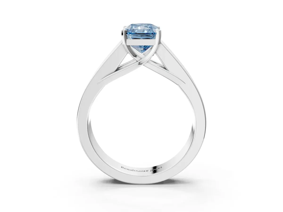 Fancy Blue Radiant Cut Cut Channel Set Solitaire Ring with Four-Prong Setting Silver