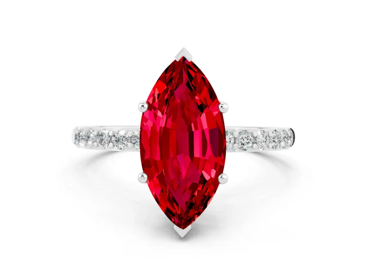 Marquise Cut Ruby Solitaire Ring with Round Pavé Band and Prong Setting Platinum