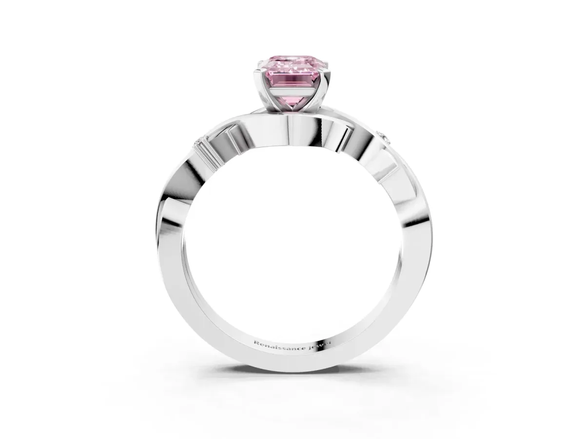 Fancy Pink Emerald Cut Diamond Solitaire Ring with Twisted Band and Prong Setting Silver