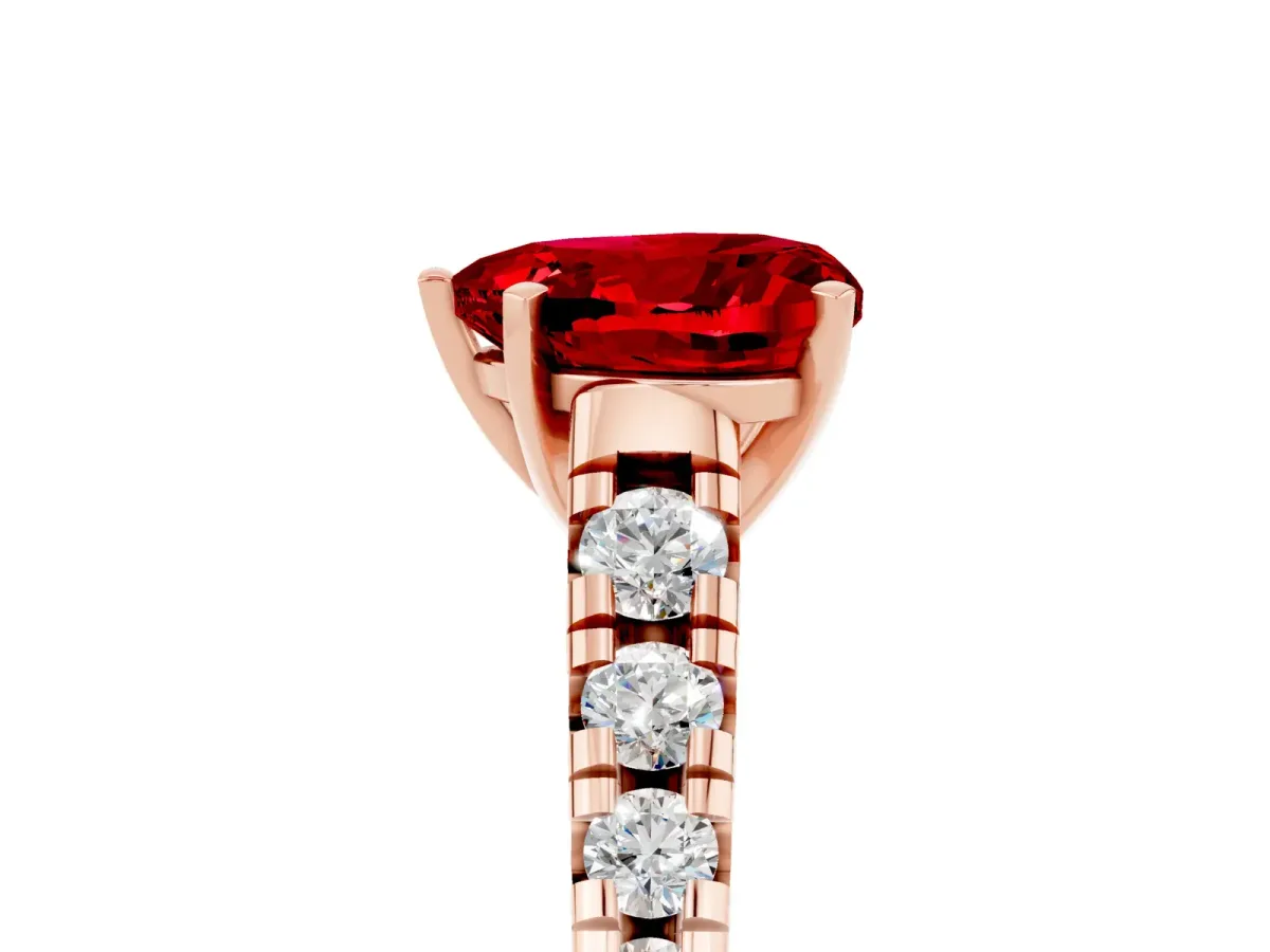 Heart Cut Ruby Cathedral Solitaire Ring with Round Pavé Band Rose gold