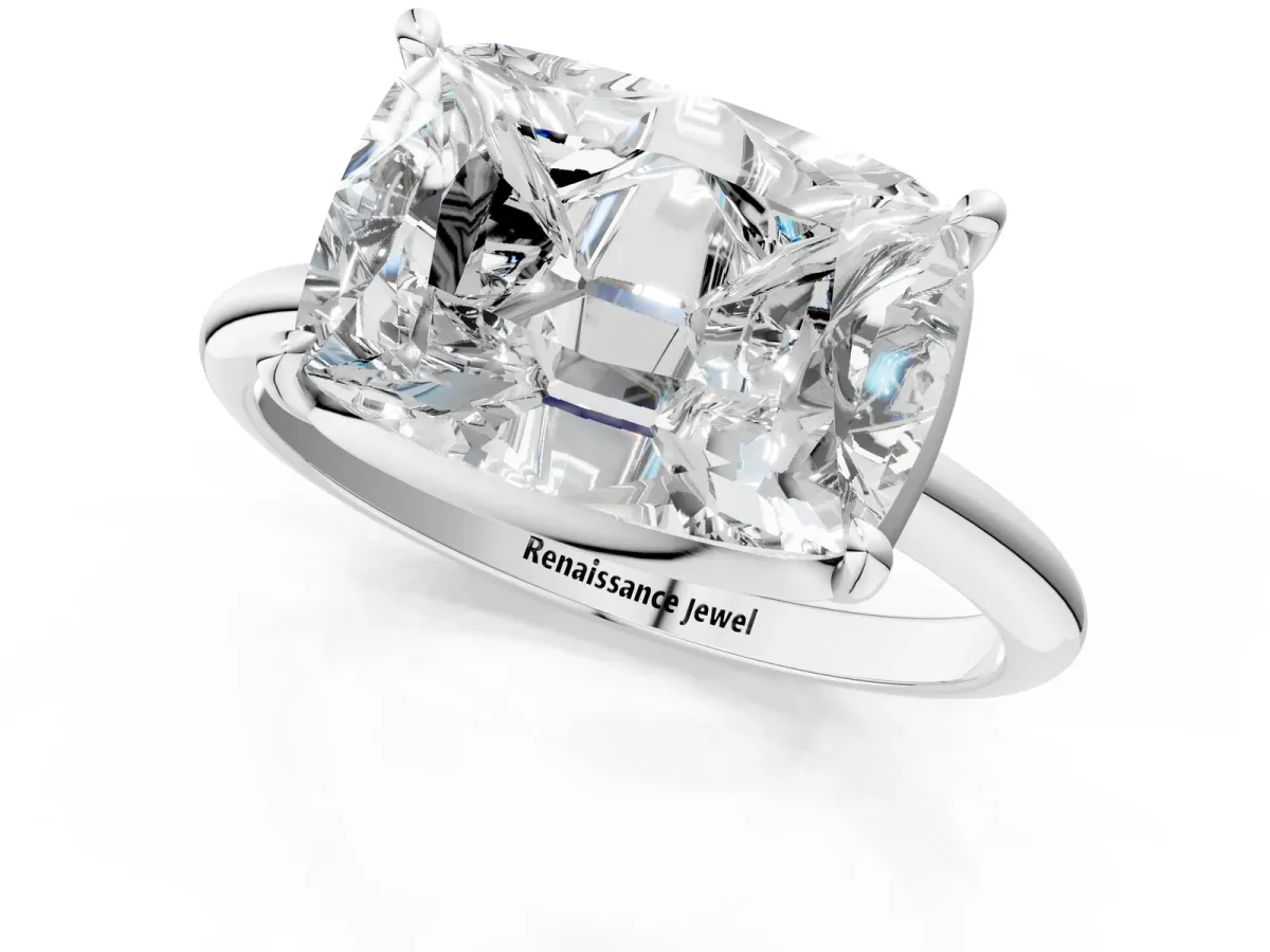Old Mine Elongated Cushion Diamond East-West Bezel Set Four Claw Solitaire Ring White gold