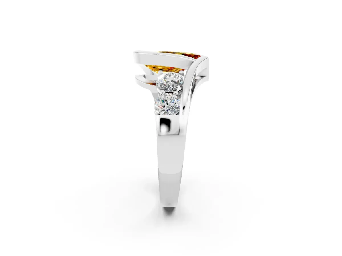 Bezel Set Pear Cut Citrine Bypass Ring with Round Accents Silver
