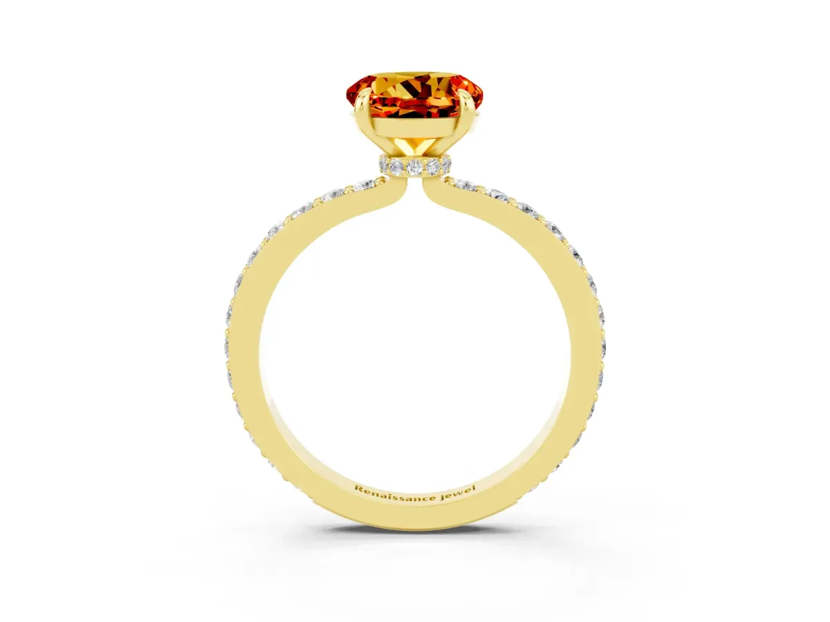 Round Cut Citrine Solitaire Engagement Ring with Pavé Band and Four-Prong Setting Yellow gold