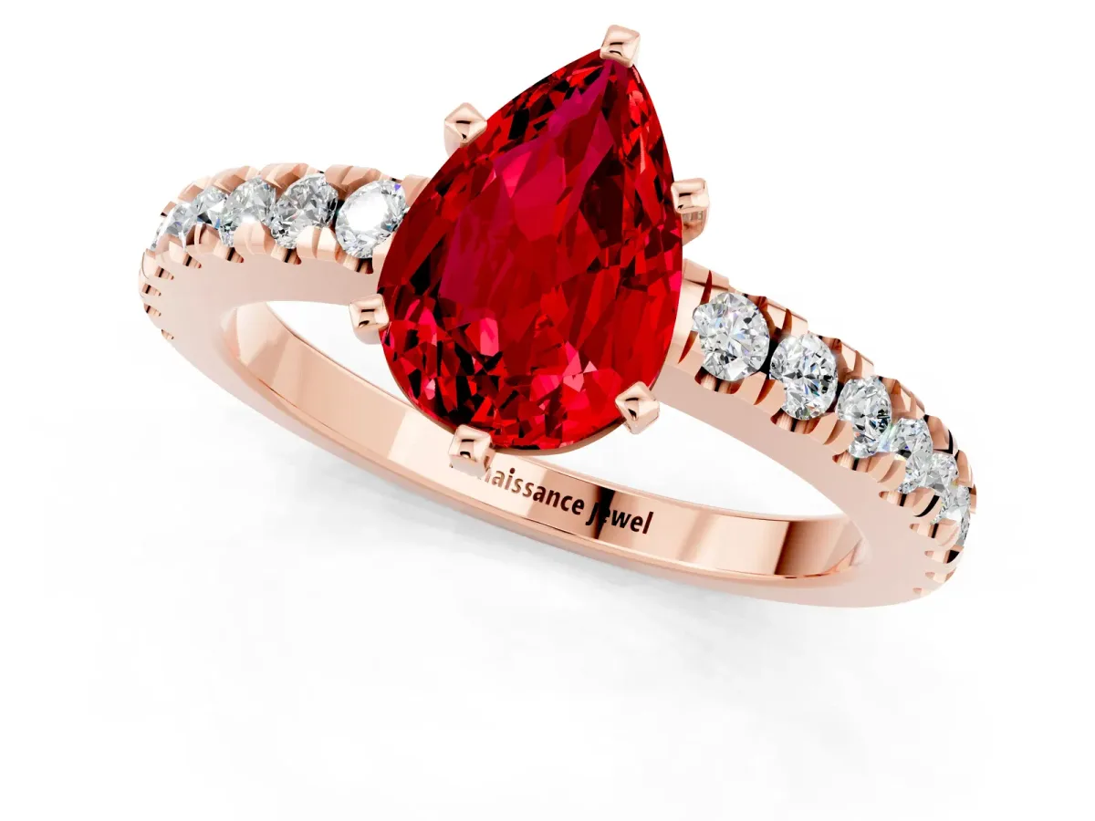 Pear Cut Solitaire Ruby with Pavé Band and Four-Prong Setting Rose gold