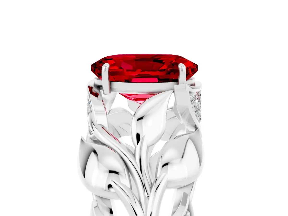 Oval Cut Ruby Leaf-Inspired Engagement Ring with Round Accents and Prong Setting Platinum