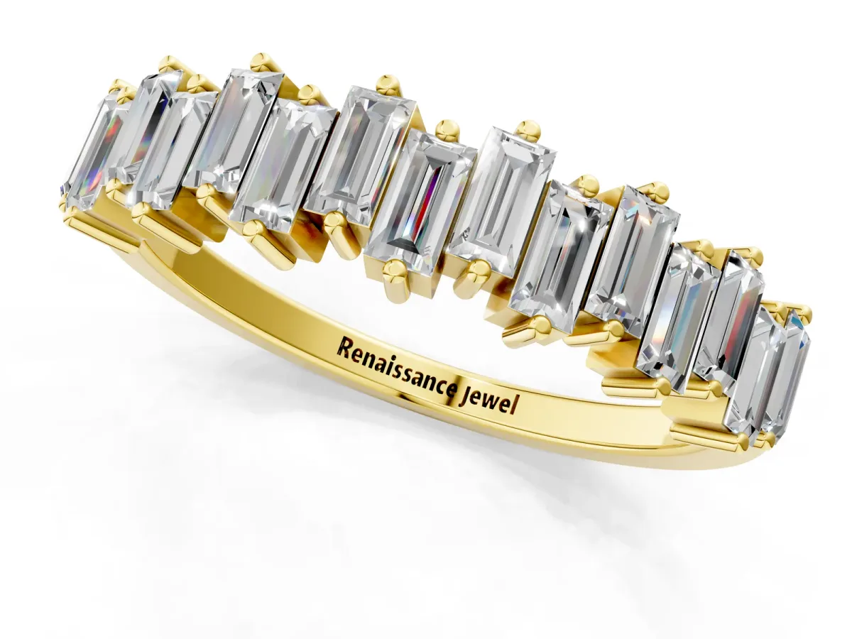Baguette Diamond Half Eternity Ring with Prong Setting Yellow gold