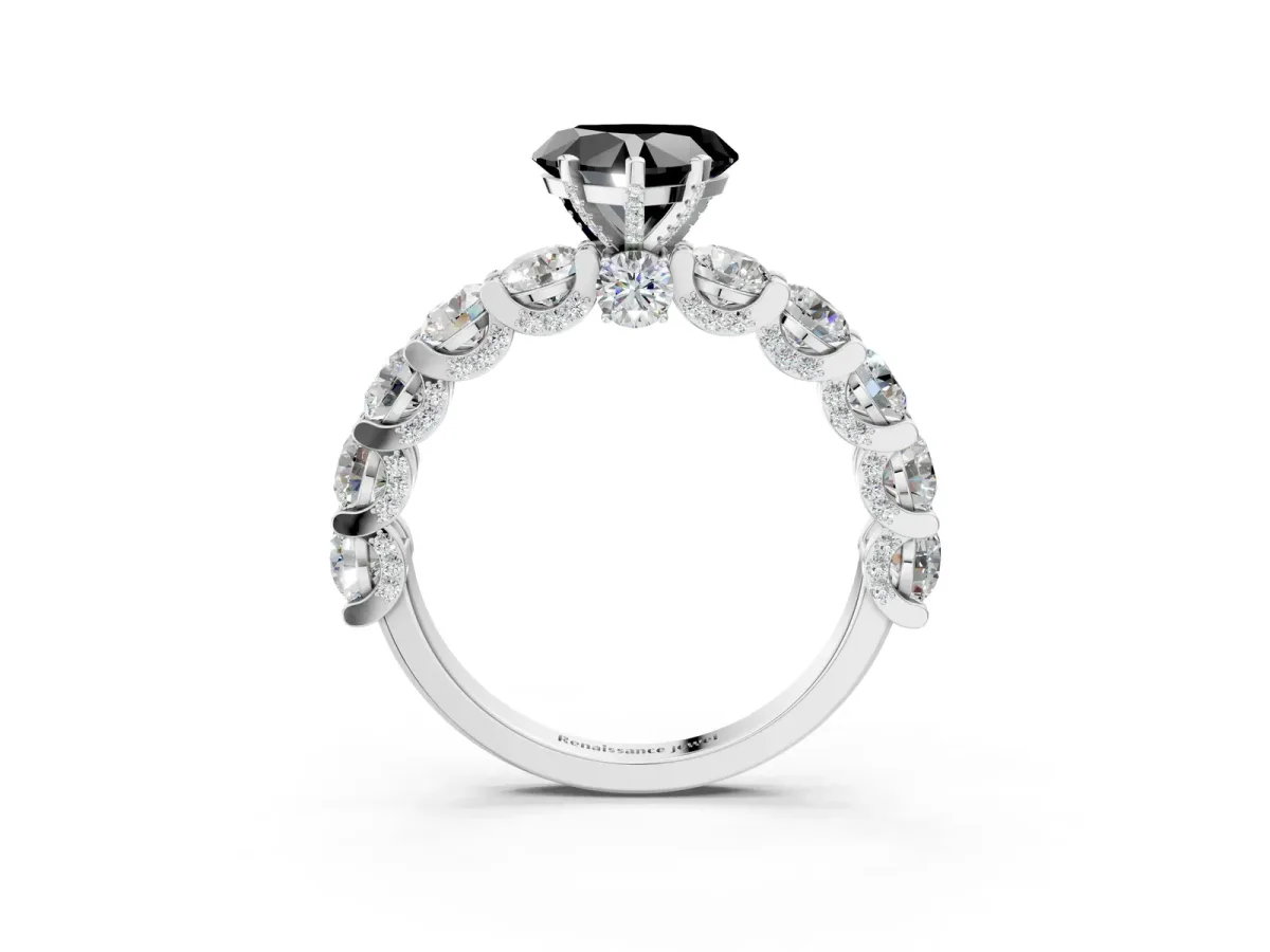 Fancy Black Heart Cut Diamond Side Stone Engagement Ring with Four-Prong Setting White gold
