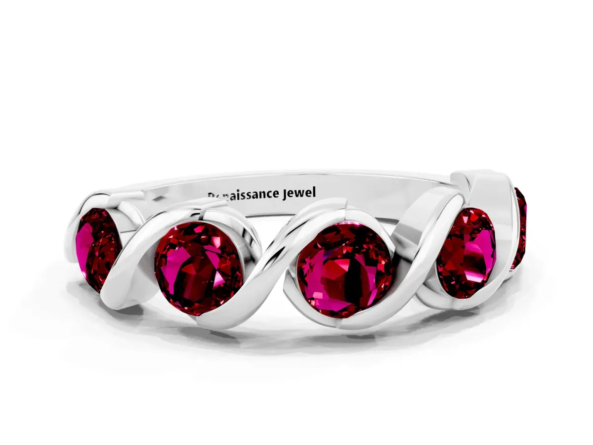 Round Garnet Wave Band with Channel Setting and Shared Prongs White gold