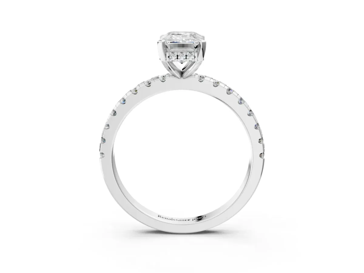 Emerald Cut Diamond Solitaire Ring with Round Pavé Band and Four-Prong Setting Silver