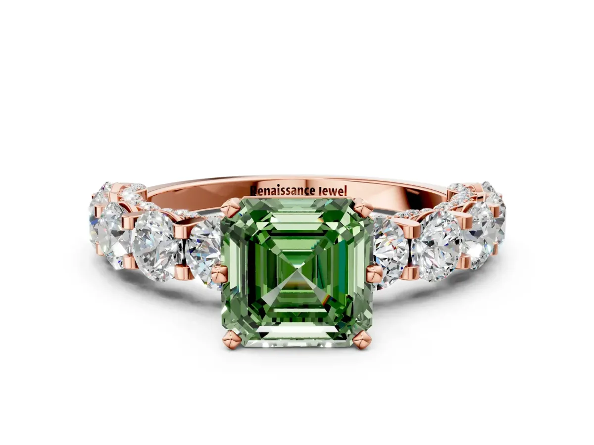 Fancy Green Asscher Cut Diamond Side Stone Engagement Ring with Four-Prong Setting Rose gold