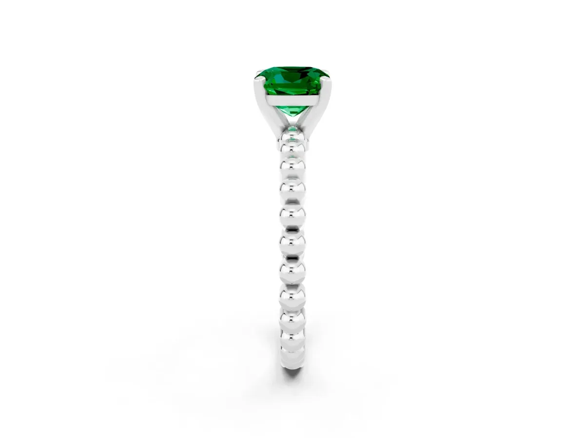 Cushion Cut Emerald Solitaire Ring with Beaded Band and Prong Setting Silver