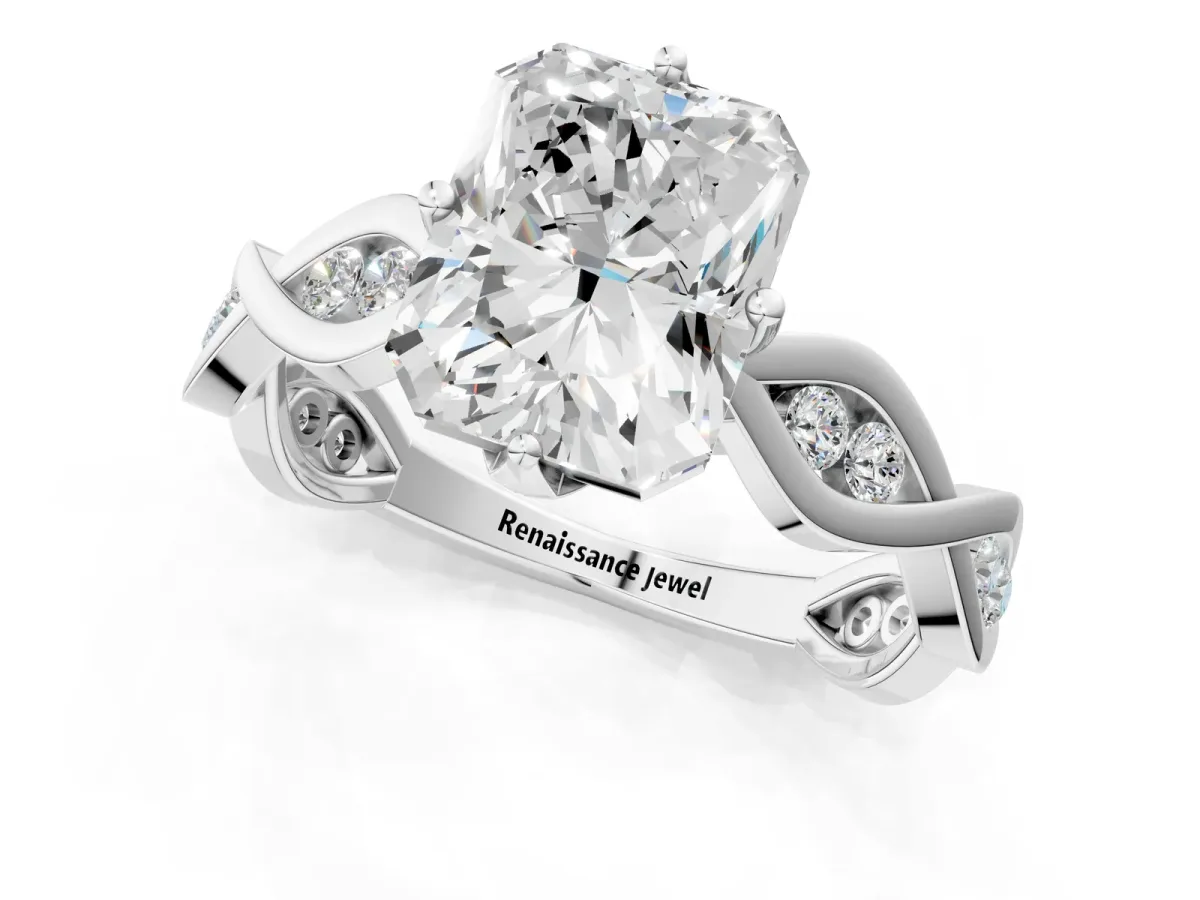Radiant Cut Solitaire Twist Band with Leaf Prong Setting Platinum