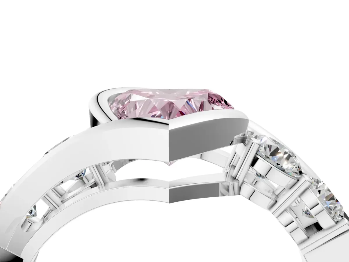 Fancy Pink Bezel Set Heart Cut Diamond Bypass Ring with Round Accents Platinum