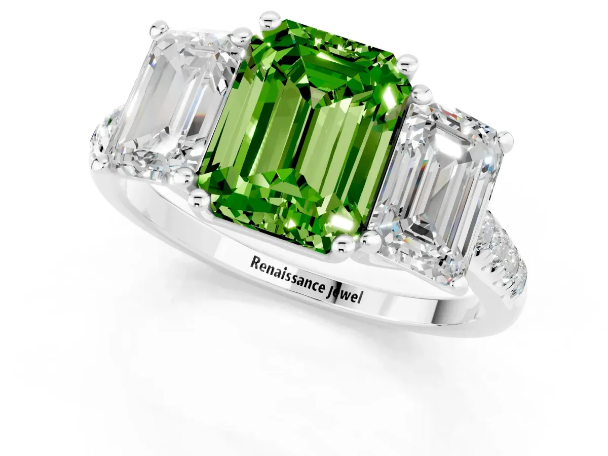 Three-Stone Emerald Cut Peridot Ring with Round Pavé Band and Prong Setting Platinum