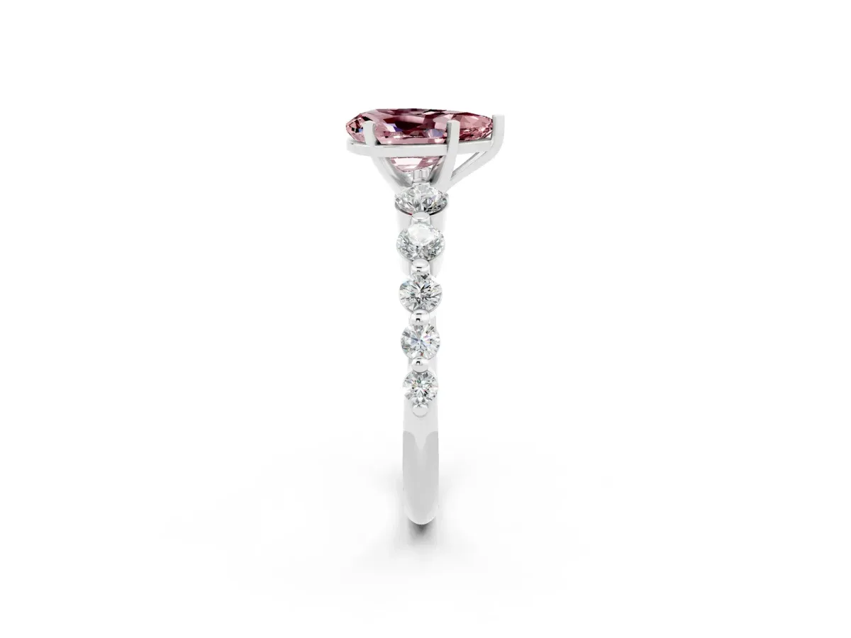 Pear Cut Solitaire Morganite Ring with Pave Band and Four-Prong Setting Silver