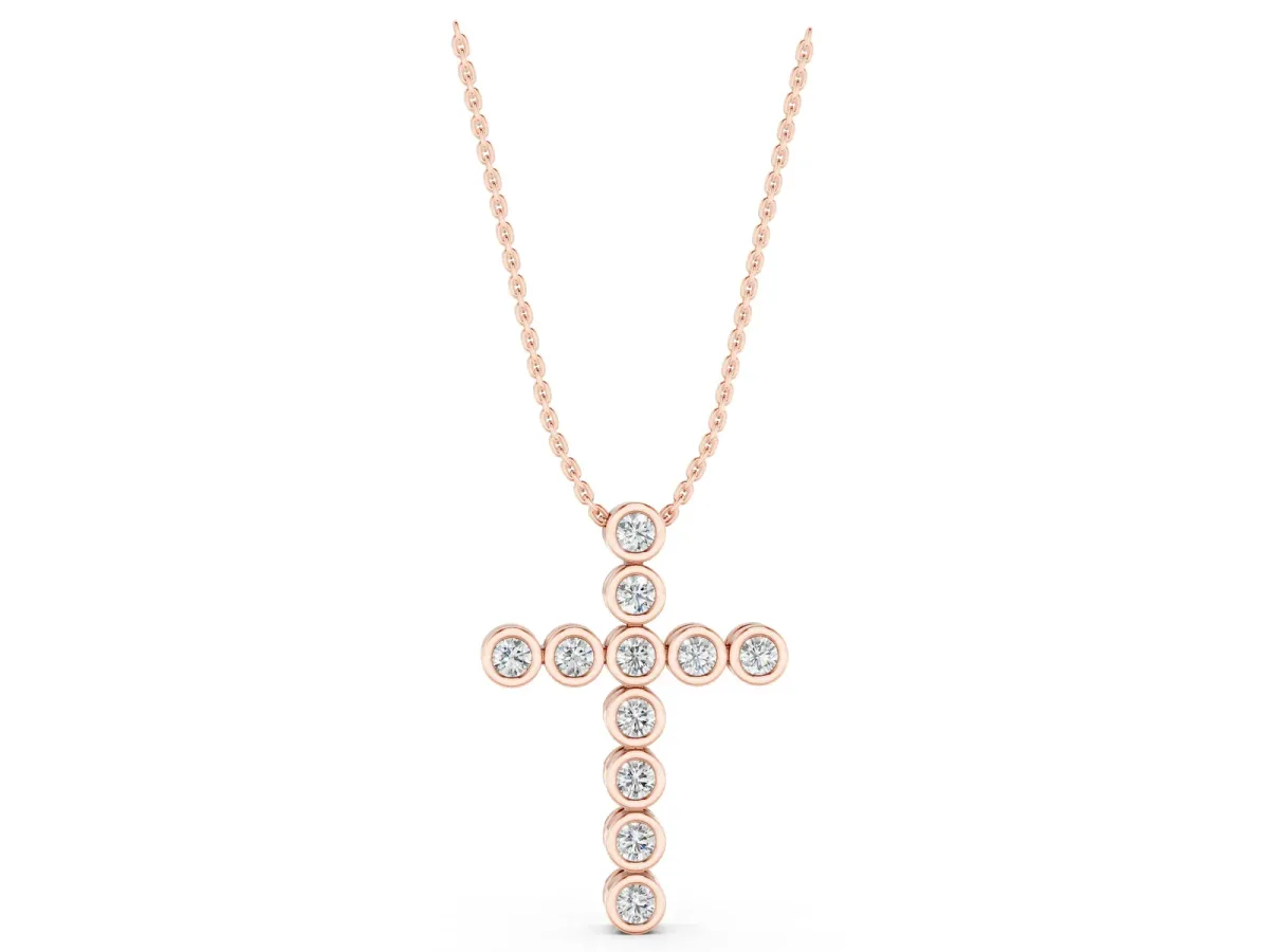 Bezel-Set Round Diamond Cross Pendant Rose gold
