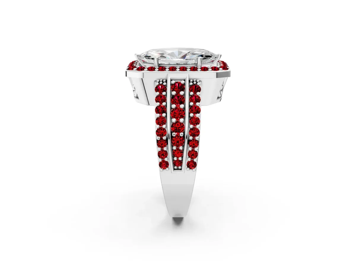 Marquise Cut Halo Diamond Ring with Round Ruby Split Shank and Prong Setting Platinum