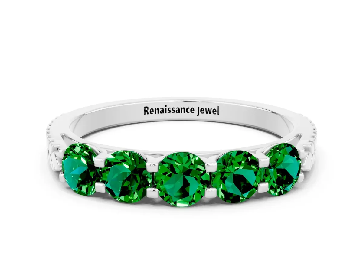 Five-Stone Round Emerald Prong-Set Band Silver