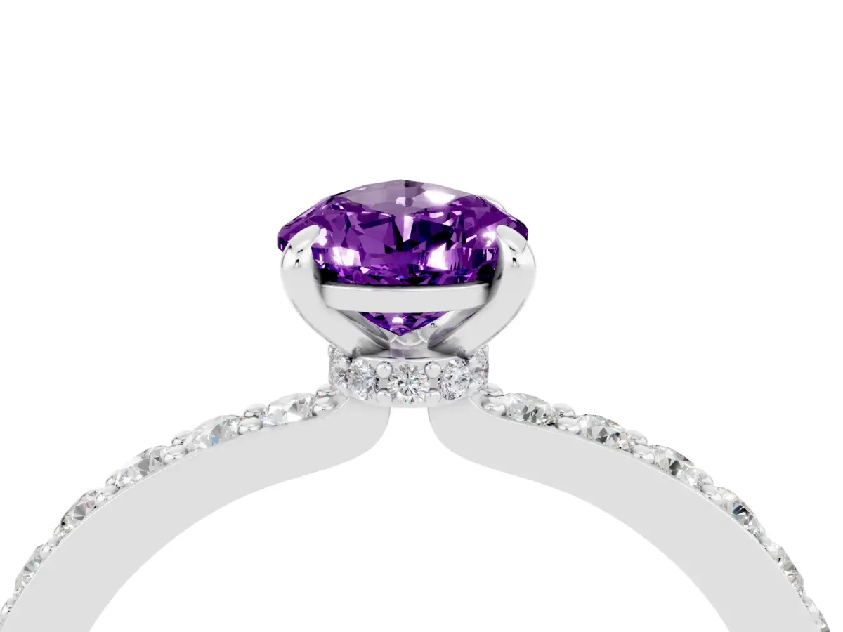 Pear Cut Amethyst Solitaire Engagement Ring with Pavé Band and Four-Prong Setting White gold