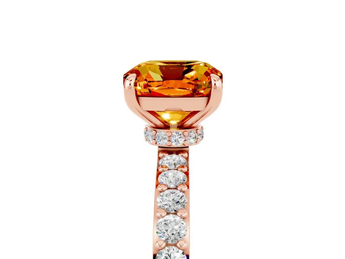 Cushion Cut Citrine Solitaire Engagement Ring with Pavé Band and Four-Prong Setting Rose gold