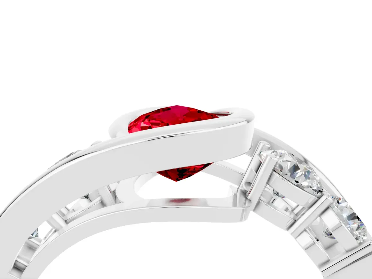 Bezel Set Pear Cut Ruby Bypass Ring with Round Accents Platinum