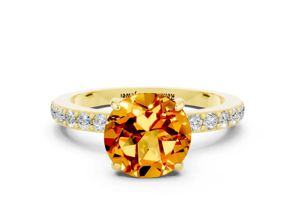 Round Cut Citrine Solitaire Engagement Ring with Pavé Band and Four-Prong Setting Yellow gold