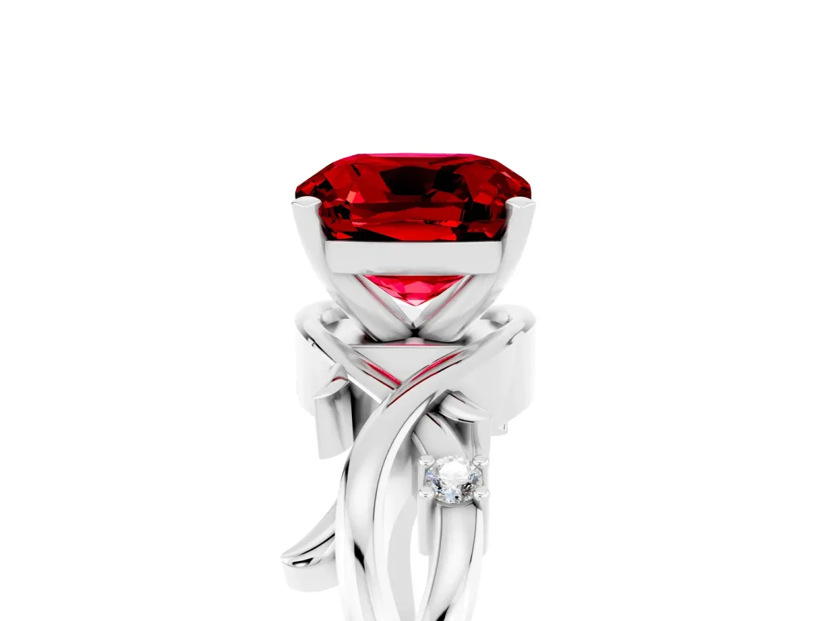Cushion Cut Ruby Solitaire Ring with Twisted Band and Prong Setting Silver