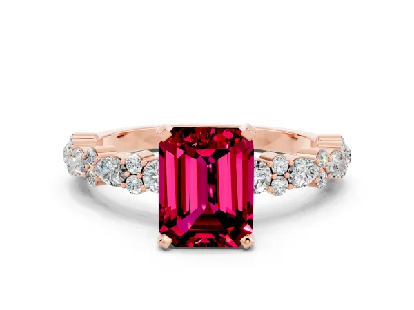 Emerald Cut Garnet Side Stone Solitaire Ring with Round and Four-Prong Setting Rose gold