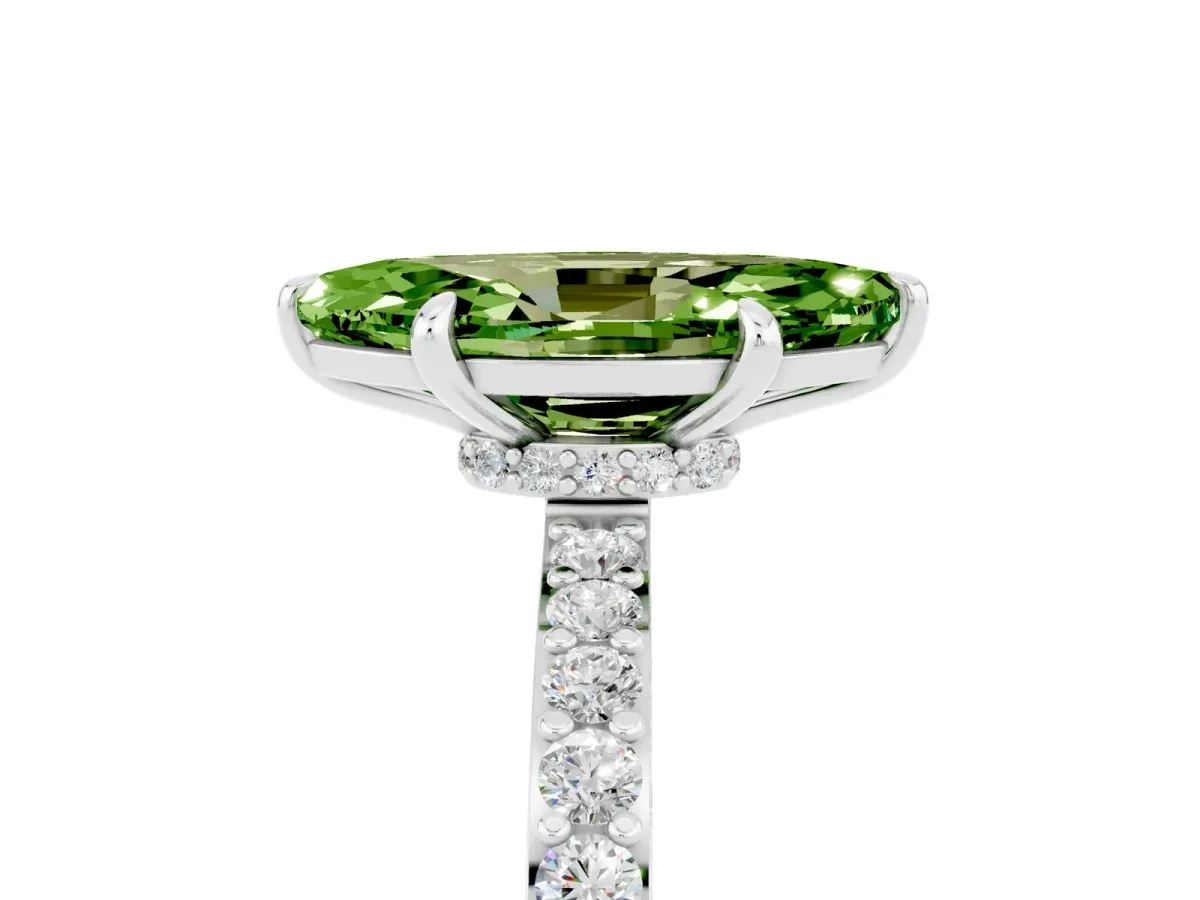 Marquise Cut Peridot Solitaire Engagement Ring with Pavé Band and Four-Prong Setting Silver