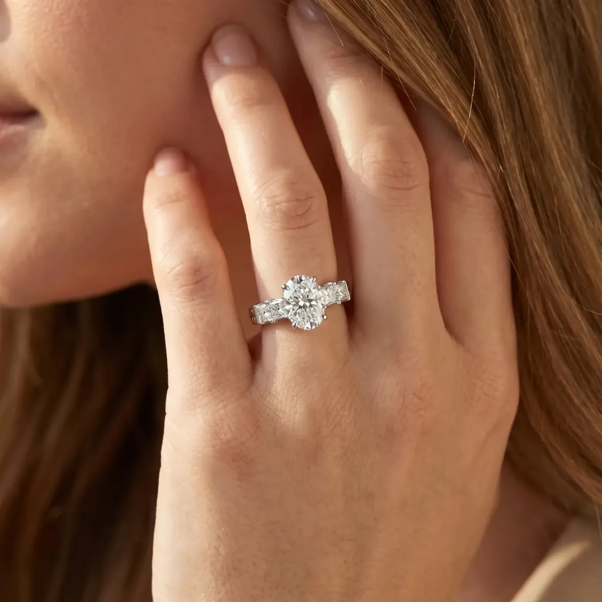 Oval Cut Solitaire Princess Side Stone Engraved Band Prong Setting Ring Platinum