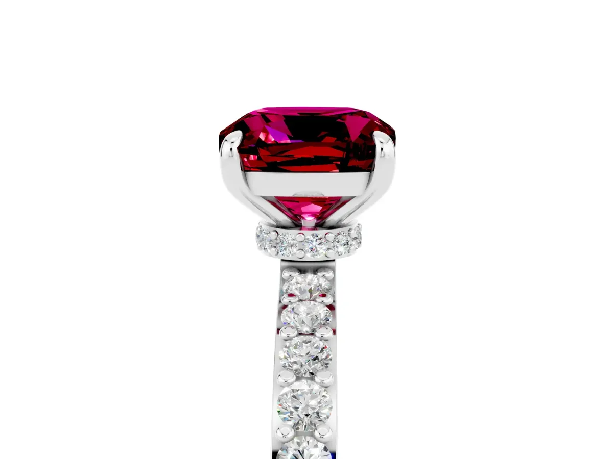 Cushion Cut Garnet Solitaire Engagement Ring with Pavé Band and Four-Prong Setting White gold