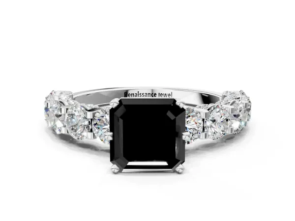 Fancy Black Asscher Cut Diamond Side Stone Engagement Ring with Four-Prong Setting Platinum