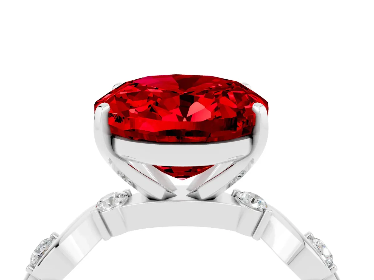 Oval Cut Ruby Solitaire Twisted Band with Round Accents and Prong Setting Platinum